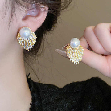 Statement Pearl Rhinestone Geometric Stud Earrings