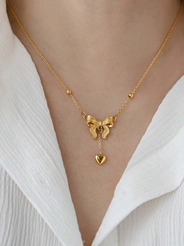 Bow Knot Heart Drop Pendant Necklace