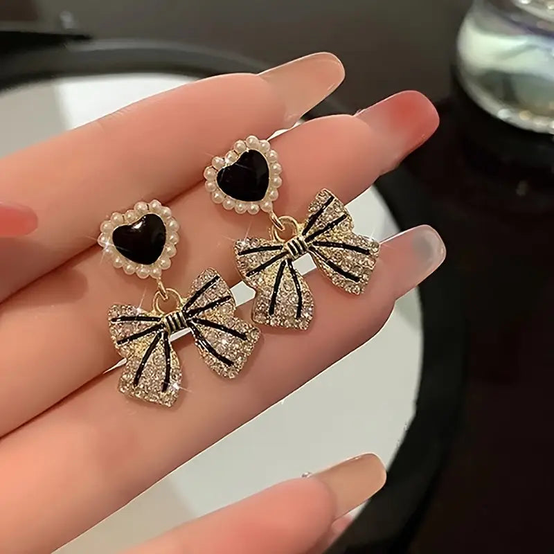 Black Heart Bow Drop Earrings