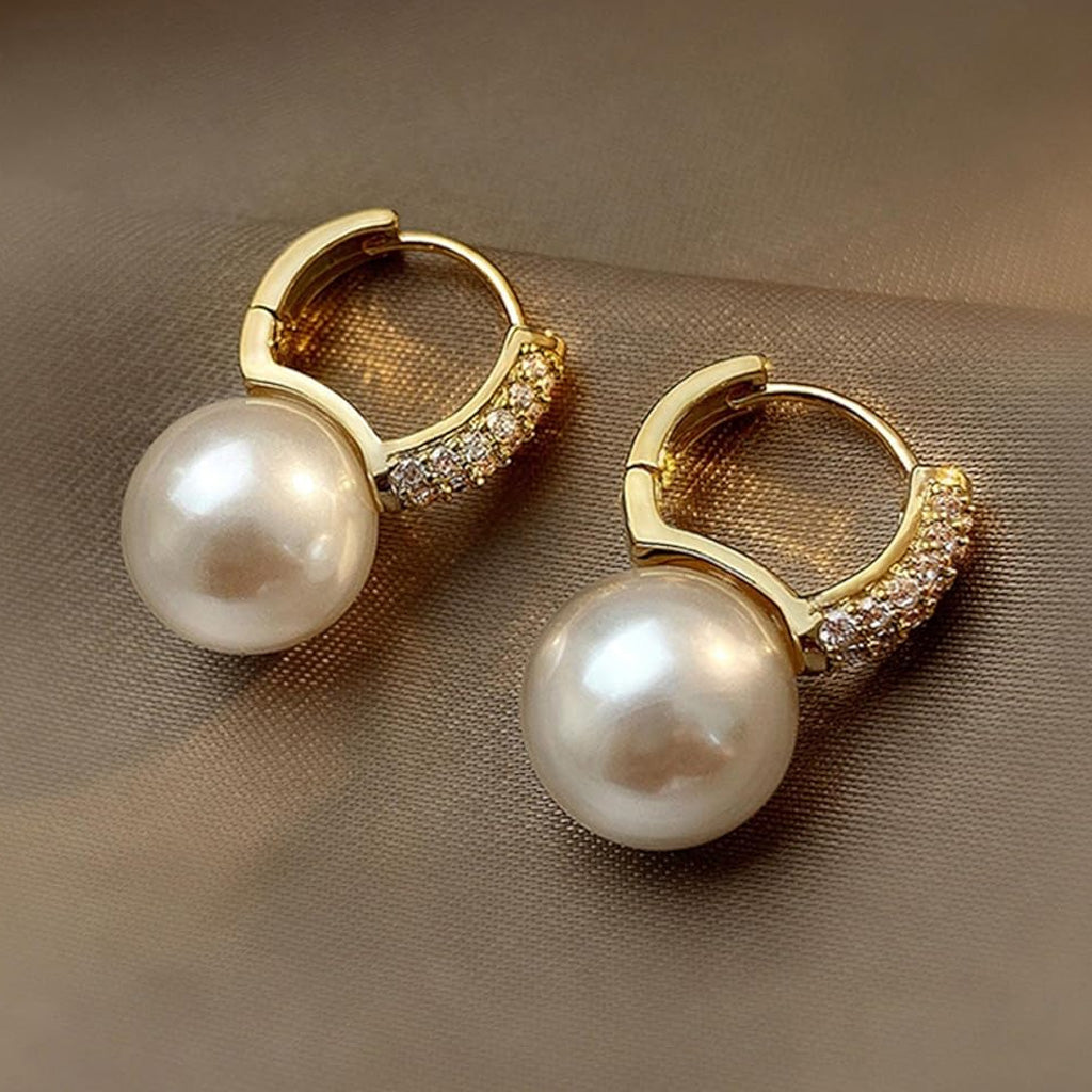 Pearl Diamond Huggie Hoop Earrings