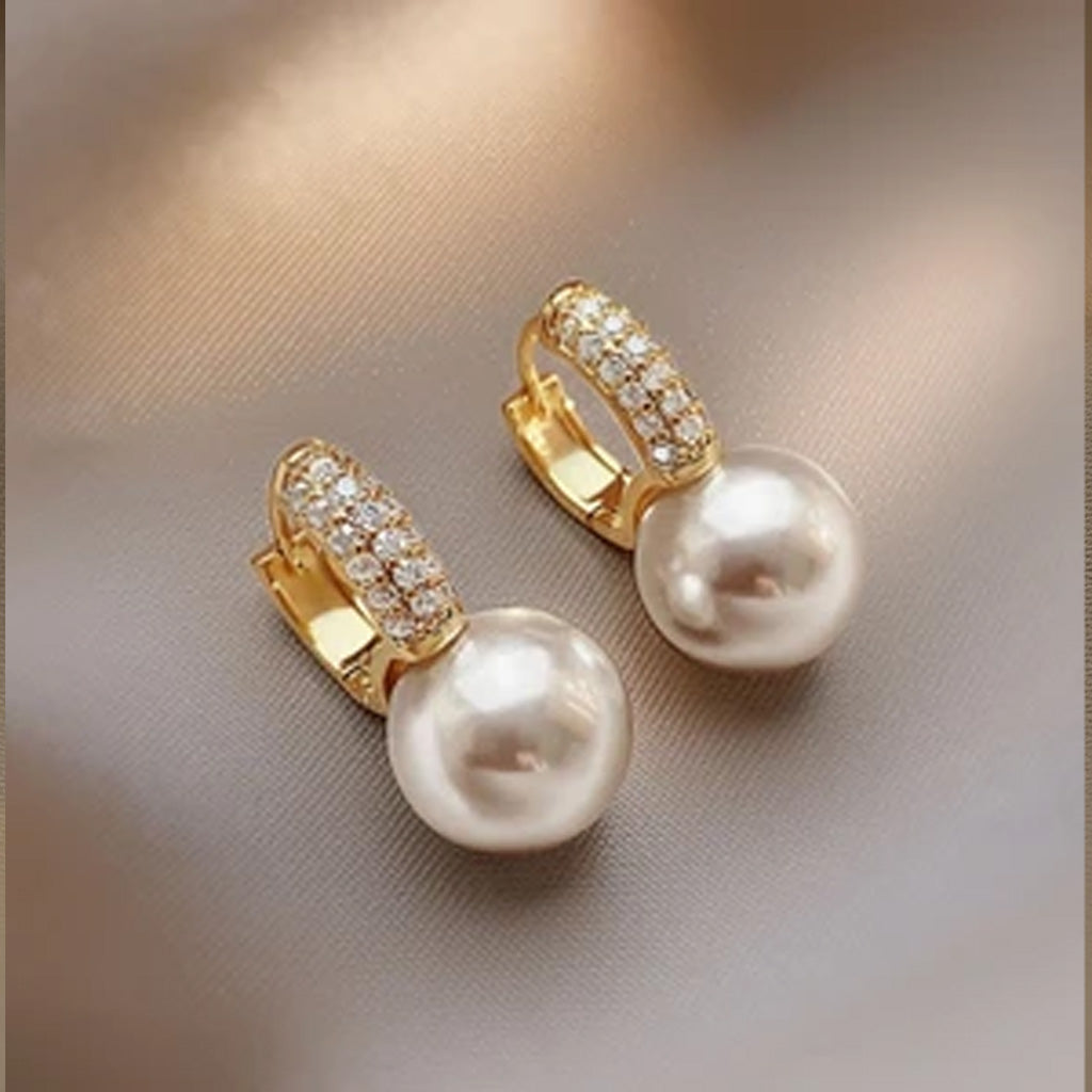 Pearl Diamond Huggie Hoop Earrings