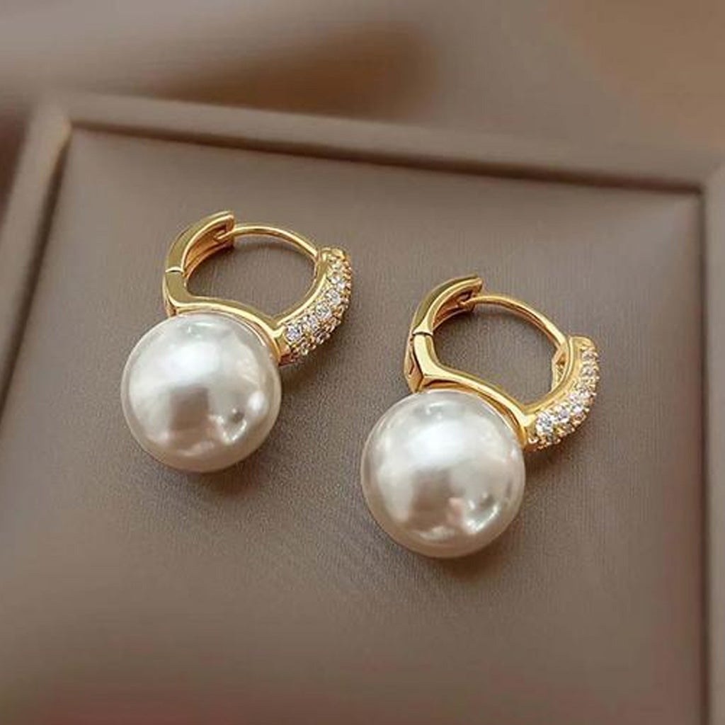 Pearl Diamond Huggie Hoop Earrings