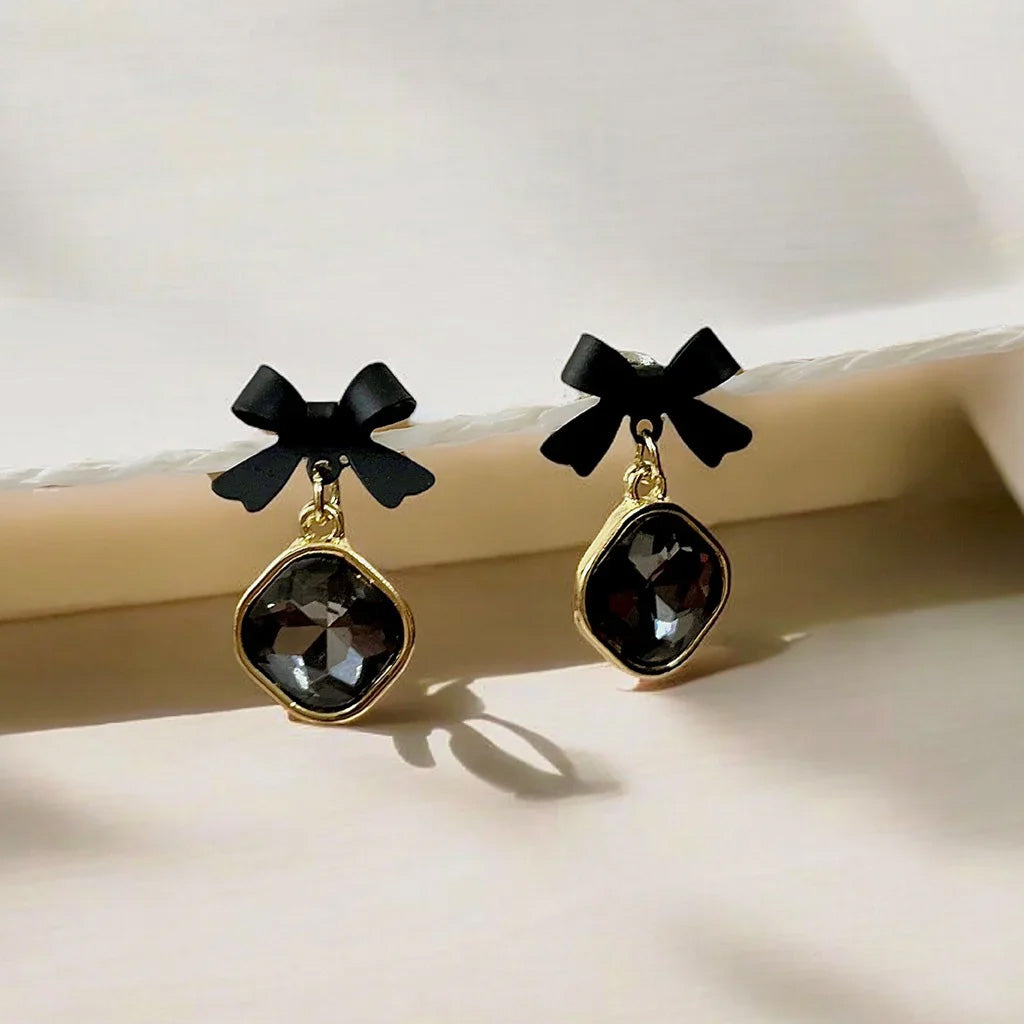 Stone Drop Bow Earrings