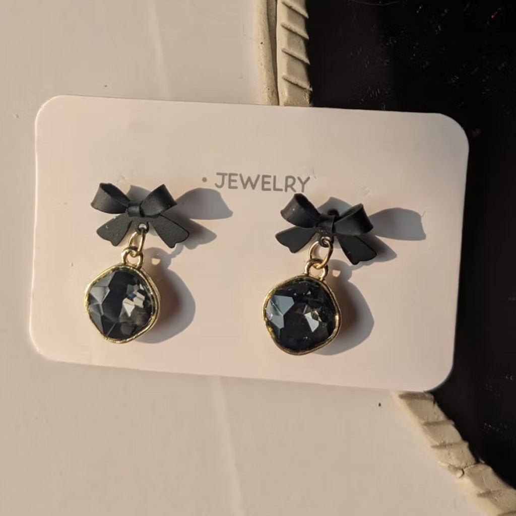 Stone Drop Bow Earrings