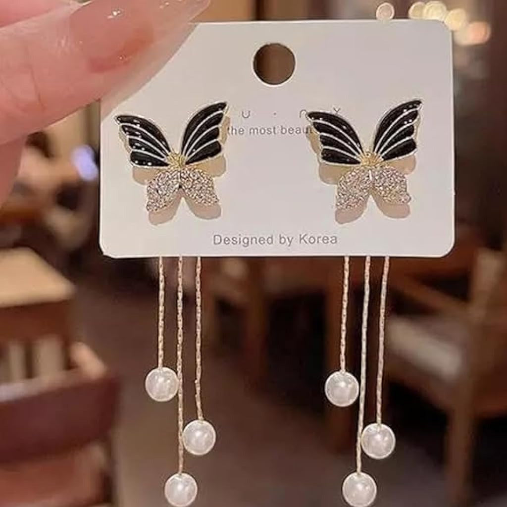 Butterfly Pearl Drop Tassel Earrings
