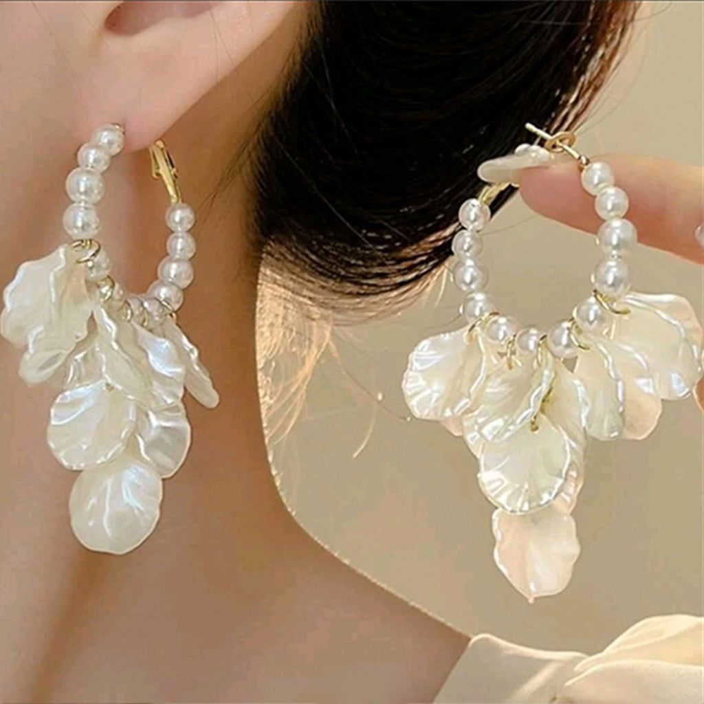 Lightweight Pearl Shell Flower Drop Hoop Earrings