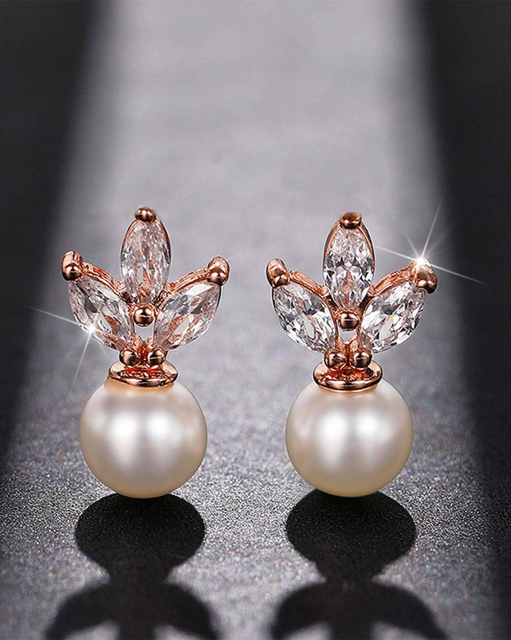 Rose Gold Plated American Diamond Studded Pearl Drop Korean Earrings