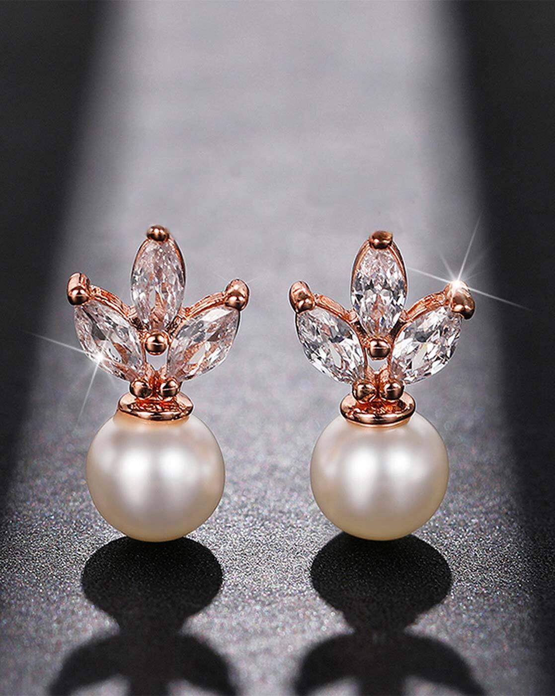 Rose Gold Plated American Diamond Studded Pearl Drop Korean Earrings