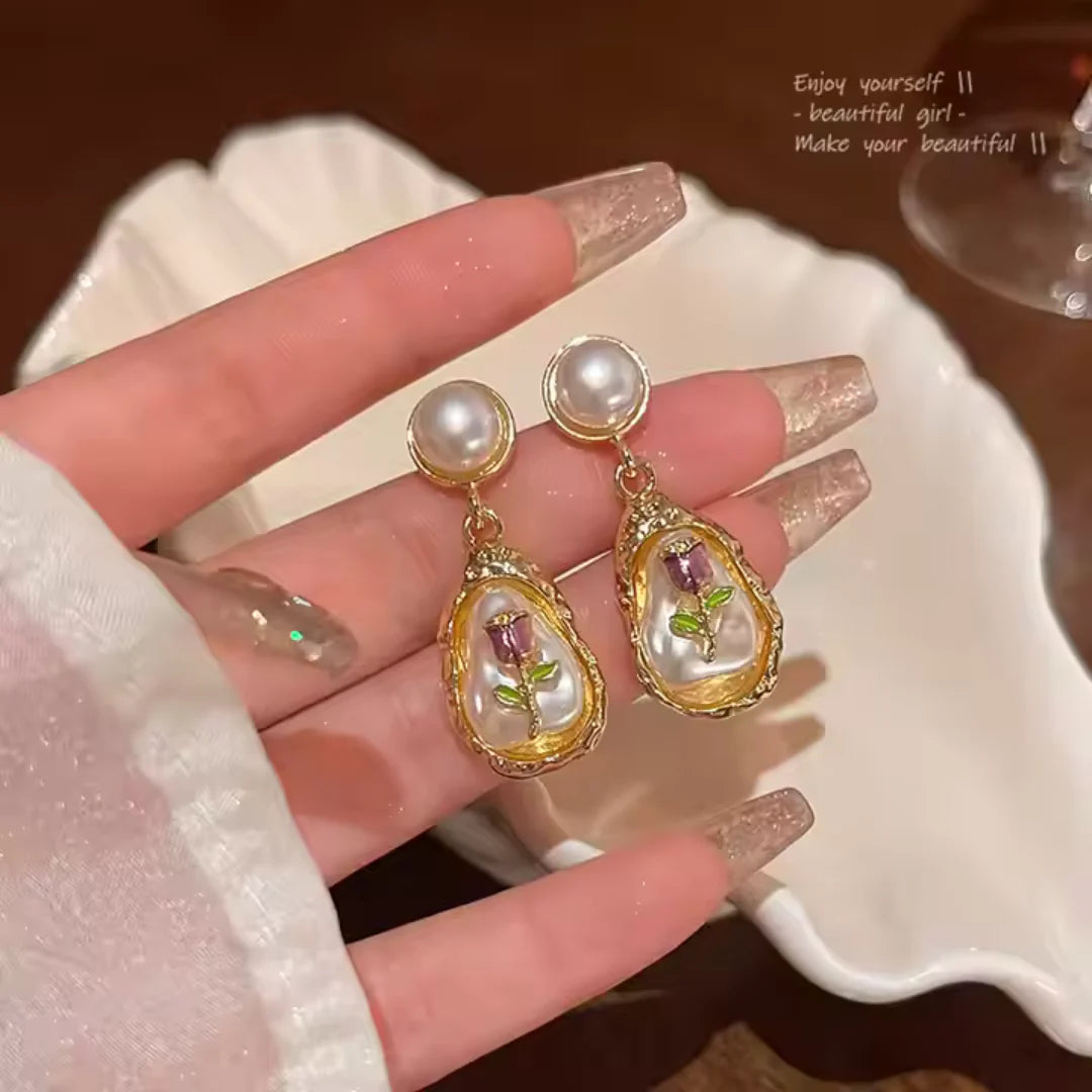 Oil Painting Style Oval Enamel Baroque Pearl Drop Earrings