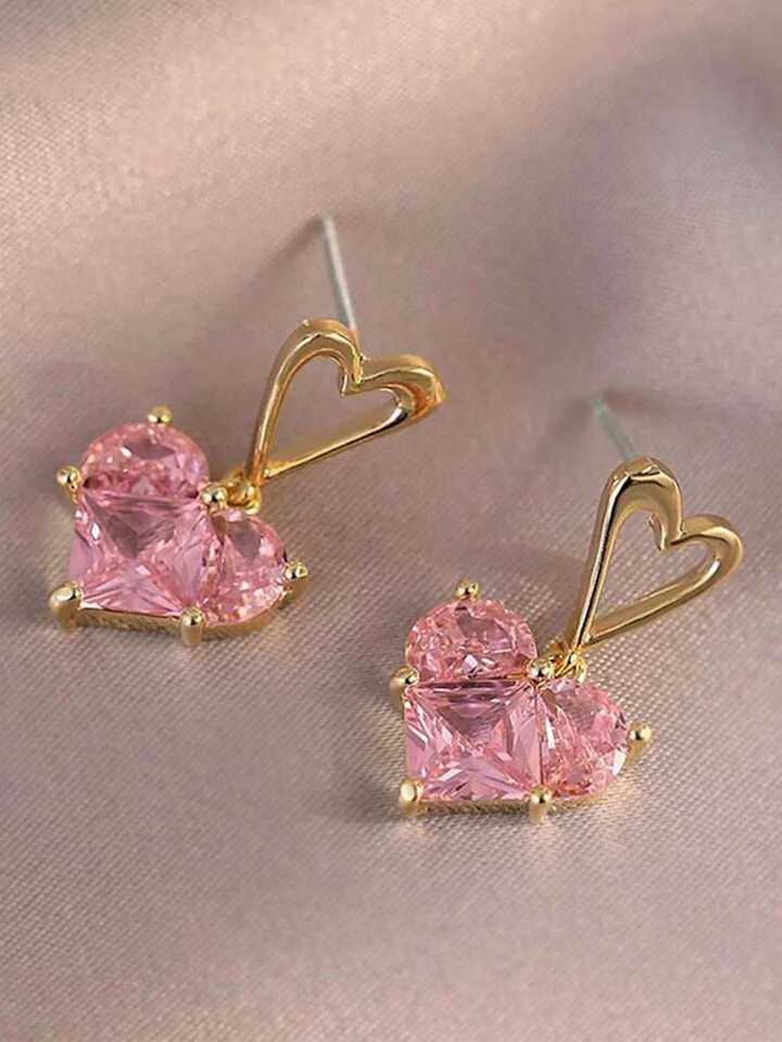Pink Heart Crystal Drop Earrings