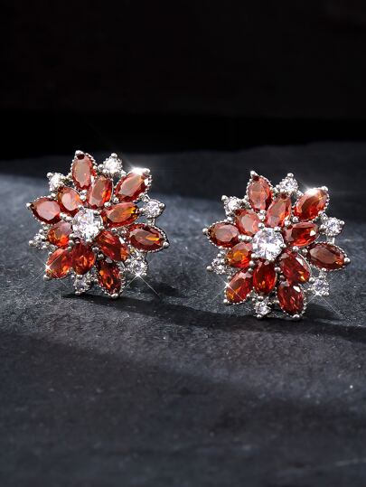 Silver Plated Anti Tarnish American Diamond Studded Red Floral Silver Stud Earrings
