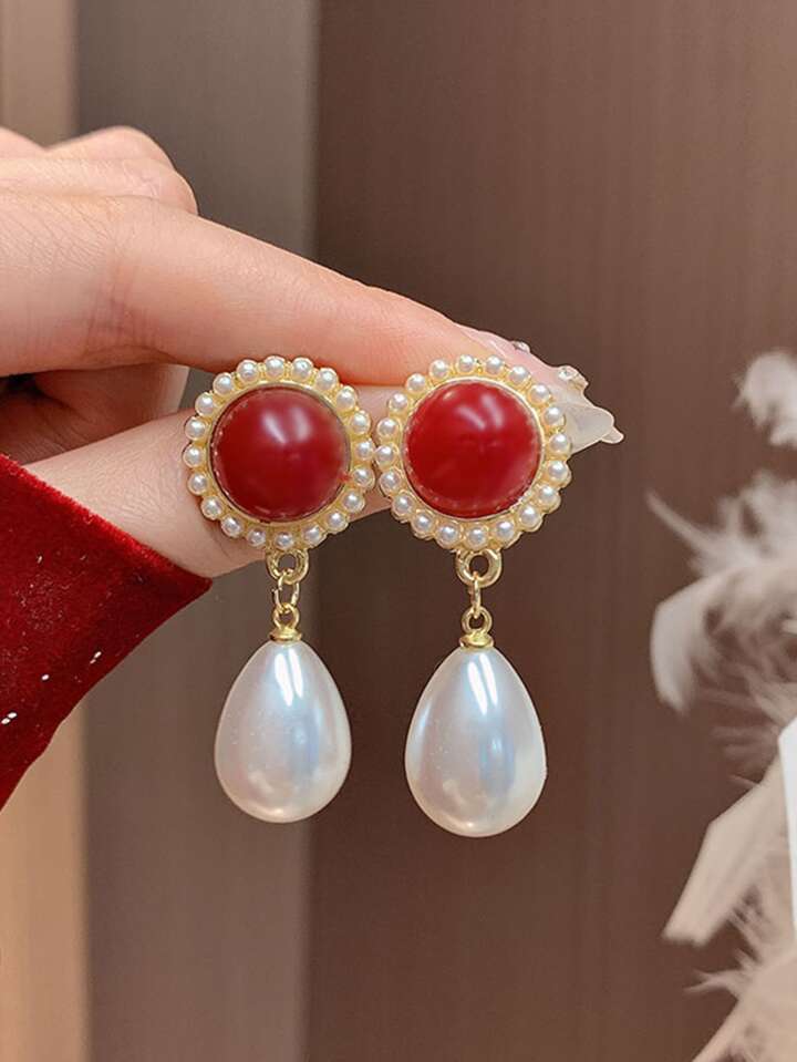 Red Pearl Teardrop Clip-on Earrings for