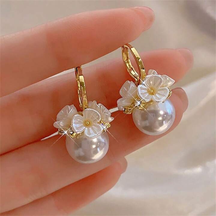 Western stylish beautiful princess korean trendy white pearl hoop earrings