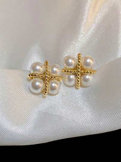 Cross Pearl Stud Earrings