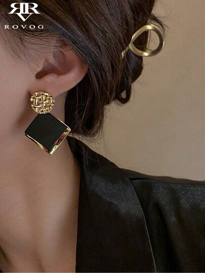 Black & Gold Geometric Square Drop Earrings