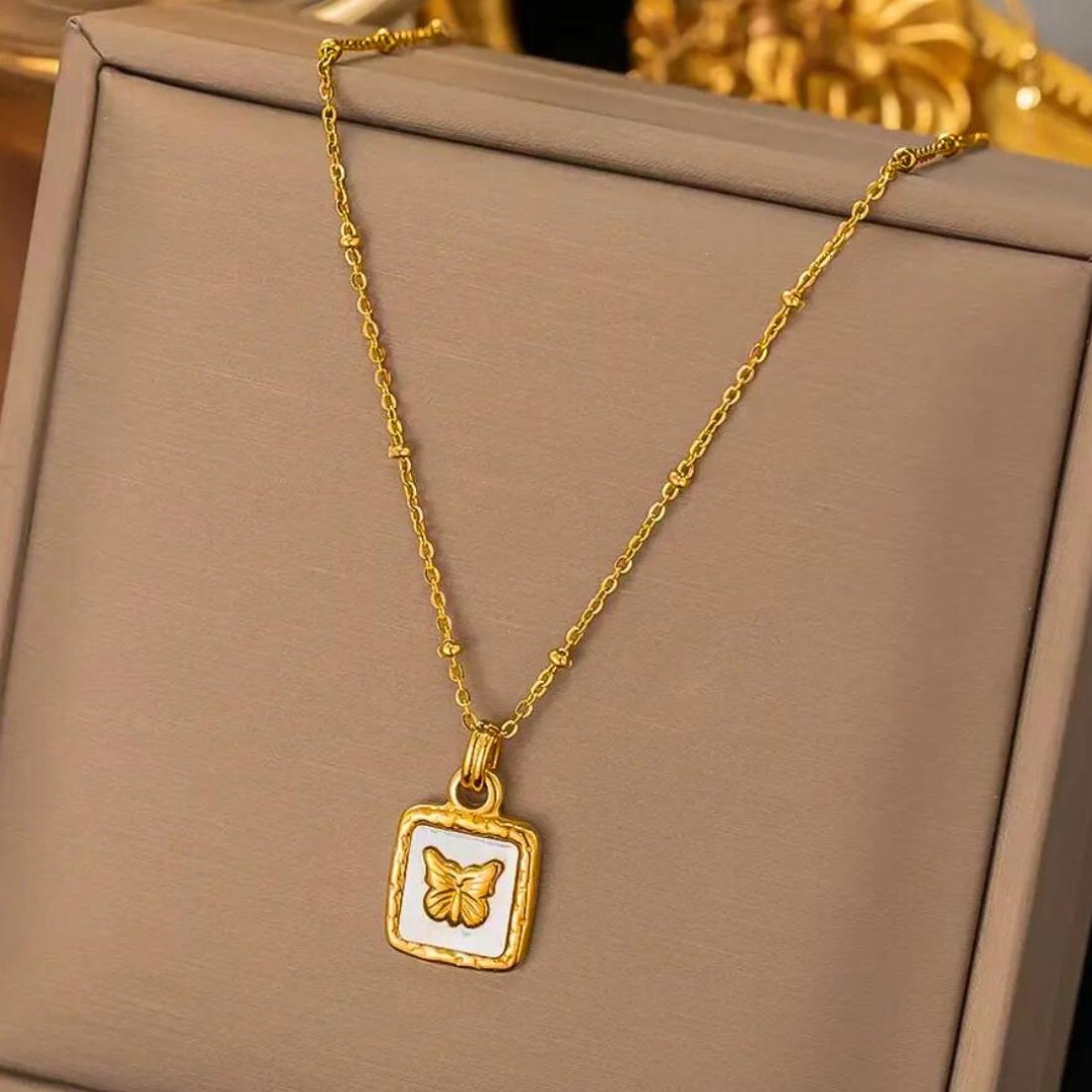 Butterfly Studded In Shell Square Necklace