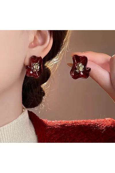 Cherry Red Irregular Folded Petal Studs