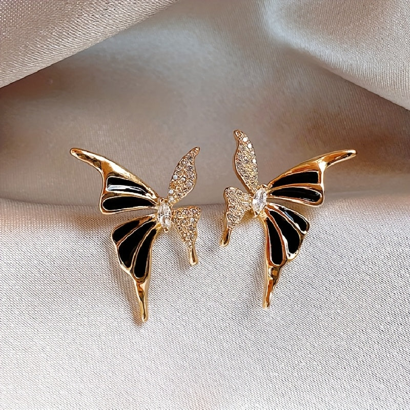 White Enamel & Stone Butterfly Stud Earrings