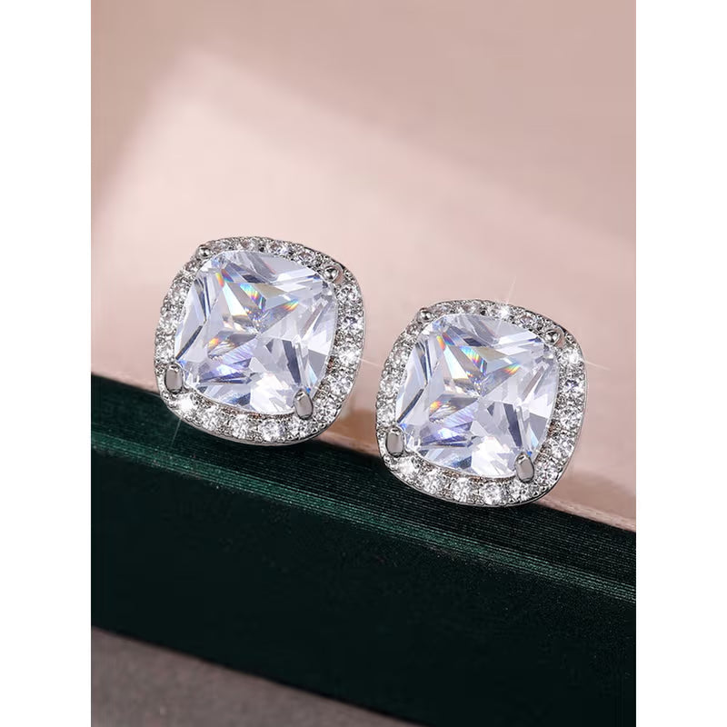 Silver Plated Anti Tarnish American Diamond Studded Silver Square Crushed Ice Cut Stud Earrings