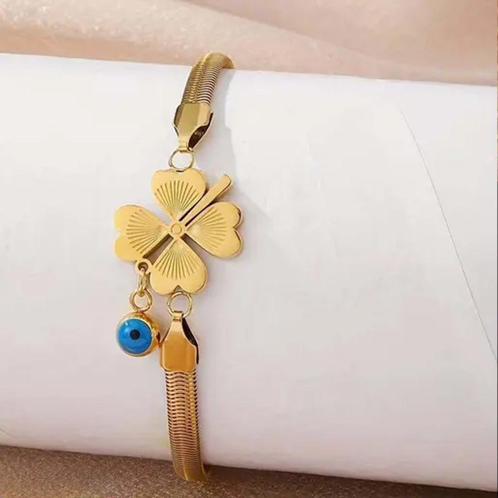 Evil's Eye Leaf Charm Snake Chain Bracelet