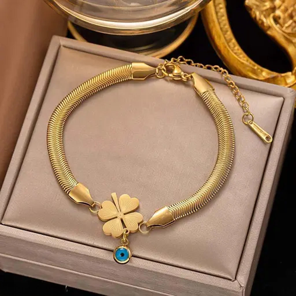 Evil's Eye Leaf Charm Snake Chain Bracelet