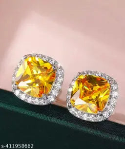 Silver Plated Anti Tarnish American Diamond Studded Yellow Square Crushed Ice Cut Stud Earrings