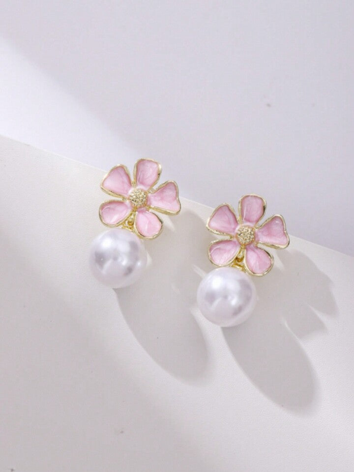 Pink Flower Pearl Drop Elegant Earrings