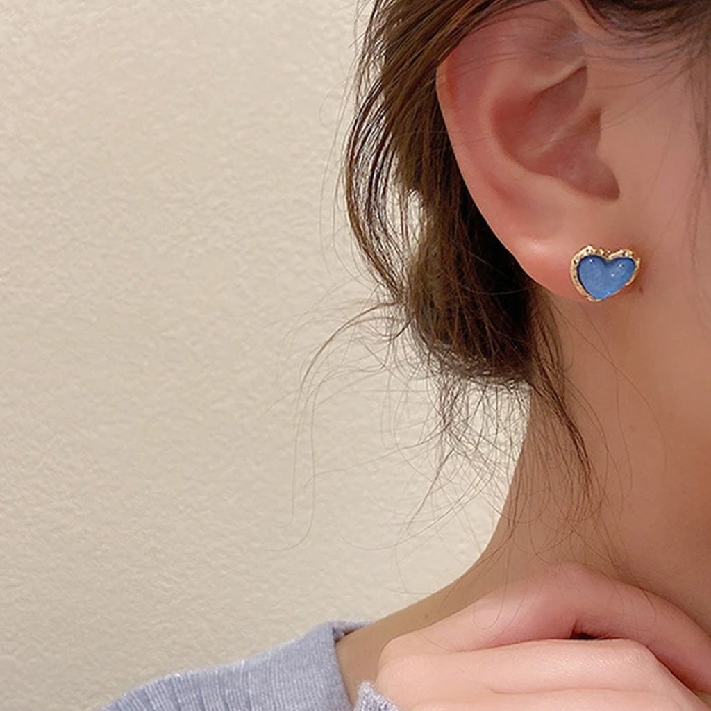 Korean Blue Heart Stud Earrings