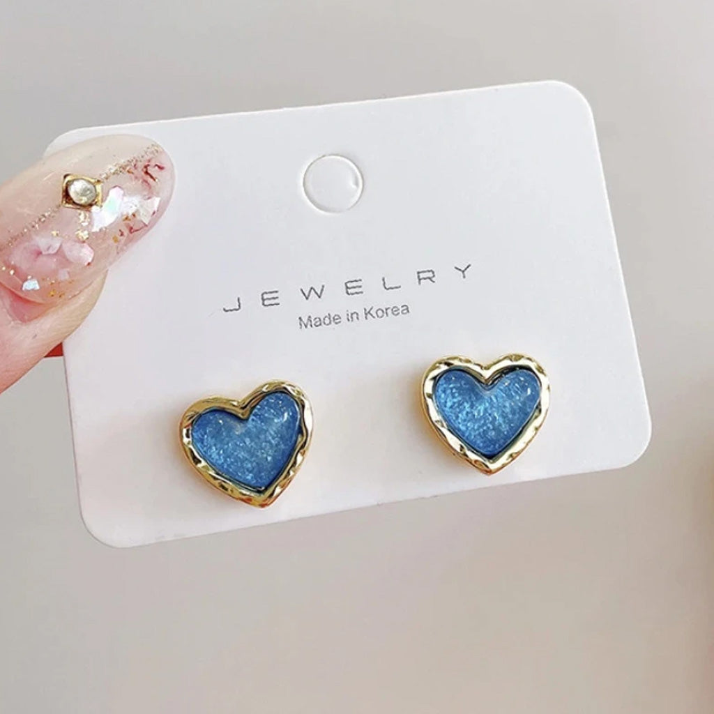 Korean Blue Heart Stud Earrings