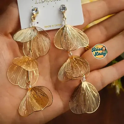 Exaggerated Petal-Shaped Metallic Drop Long Earrings