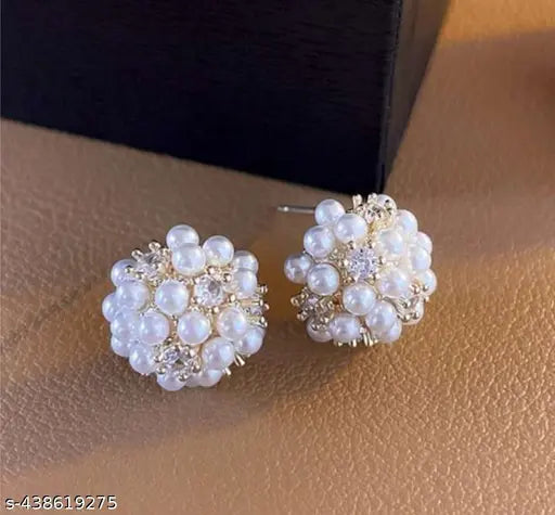Round Ball Pearl Zircon Studded Studs Earrings
