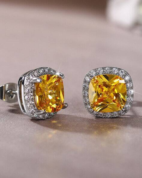 Silver Plated Anti Tarnish American Diamond Studded Yellow Square Crushed Ice Cut Stud Earrings