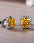 Silver Plated Anti Tarnish American Diamond Studded Yellow And Pink Square Crushed Ice Cut Stud Earrings