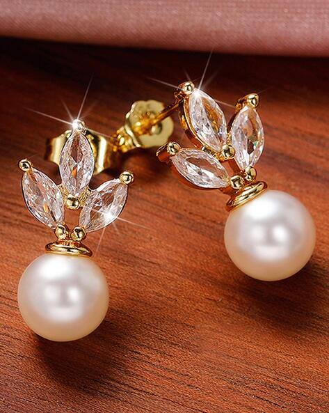 Rose Gold Plated American Diamond Studded Pearl Drop Korean Earrings