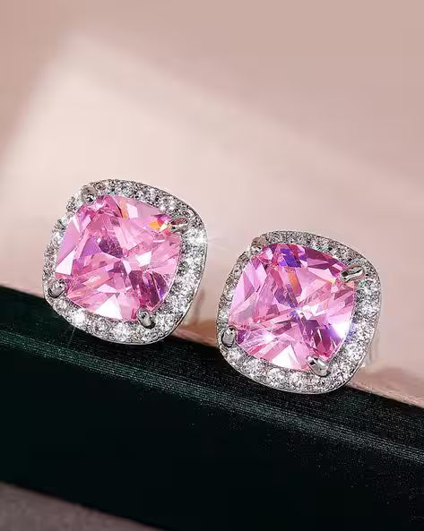 Silver Plated Anti Tarnish American Diamond Studded Pink Square Crushed Ice Cut Stud Earrings