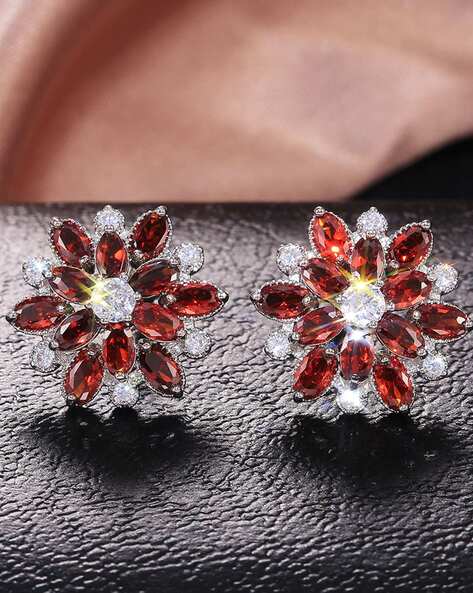 Silver Plated Anti Tarnish American Diamond Studded Red Floral Silver Stud Earrings