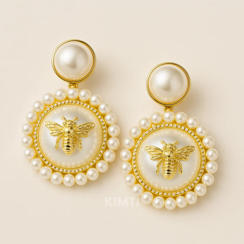 3D Golden Bee on Pearl CC Drop Earrings
