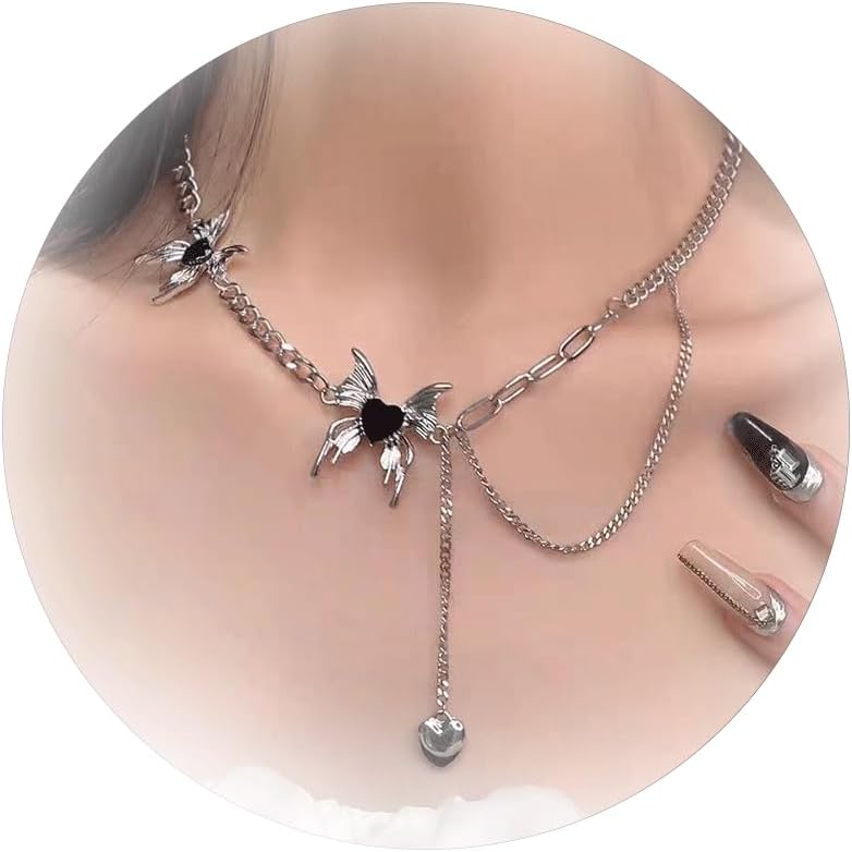 Y2K Black Butterfly Heart Tassel Necklace