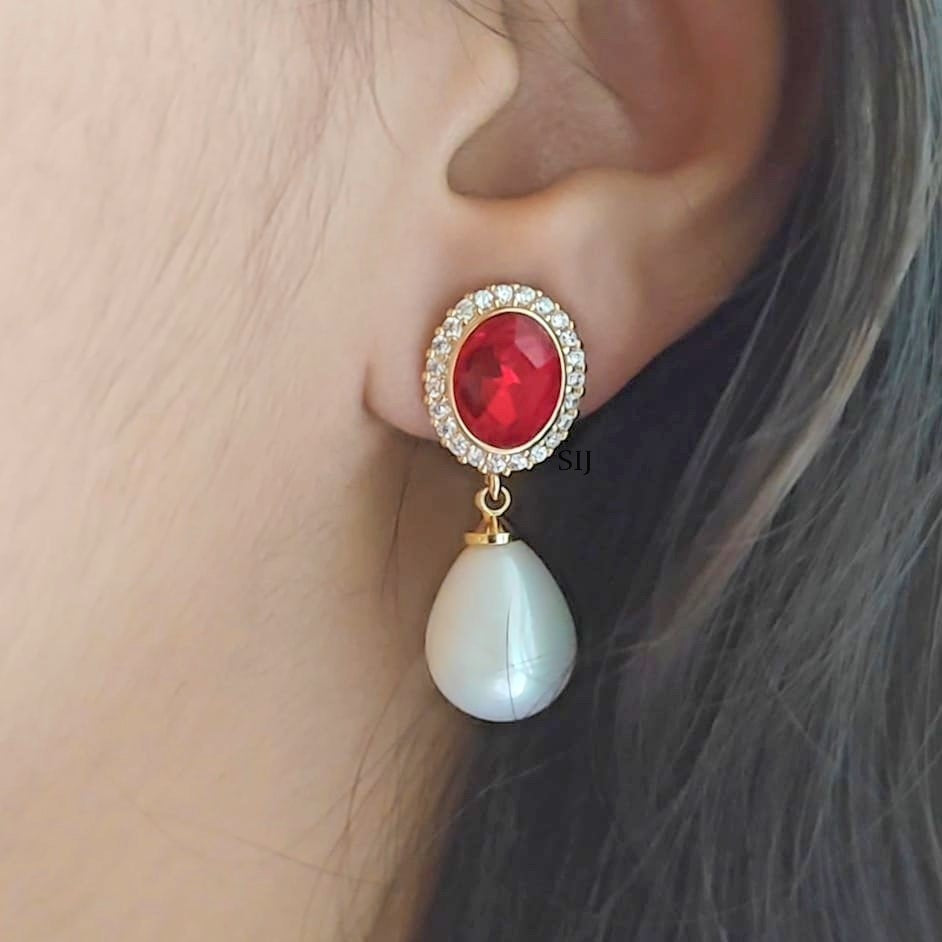 Red Pearl Teardrop Clip-on Earrings for