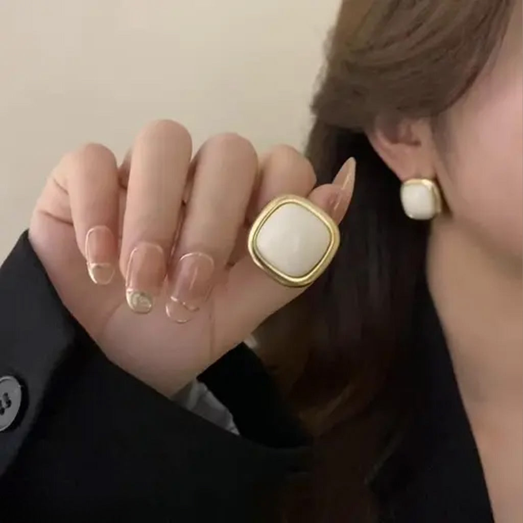 Beige Dainty Enamel Square Studs