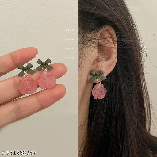 Acrylic Oink Rose Flower & Bow Earrings