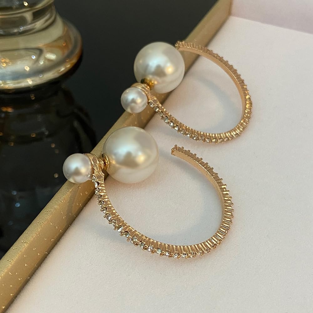 Gold Crystal Hoop Pearl Earrings