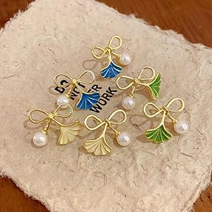 Enamel Pearl Bow Ginkgo Leaf Earrings