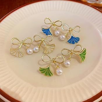 Enamel Pearl Bow Ginkgo Leaf Earrings