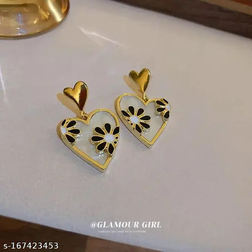 Enamelled Daisy Heart Drop Earrings