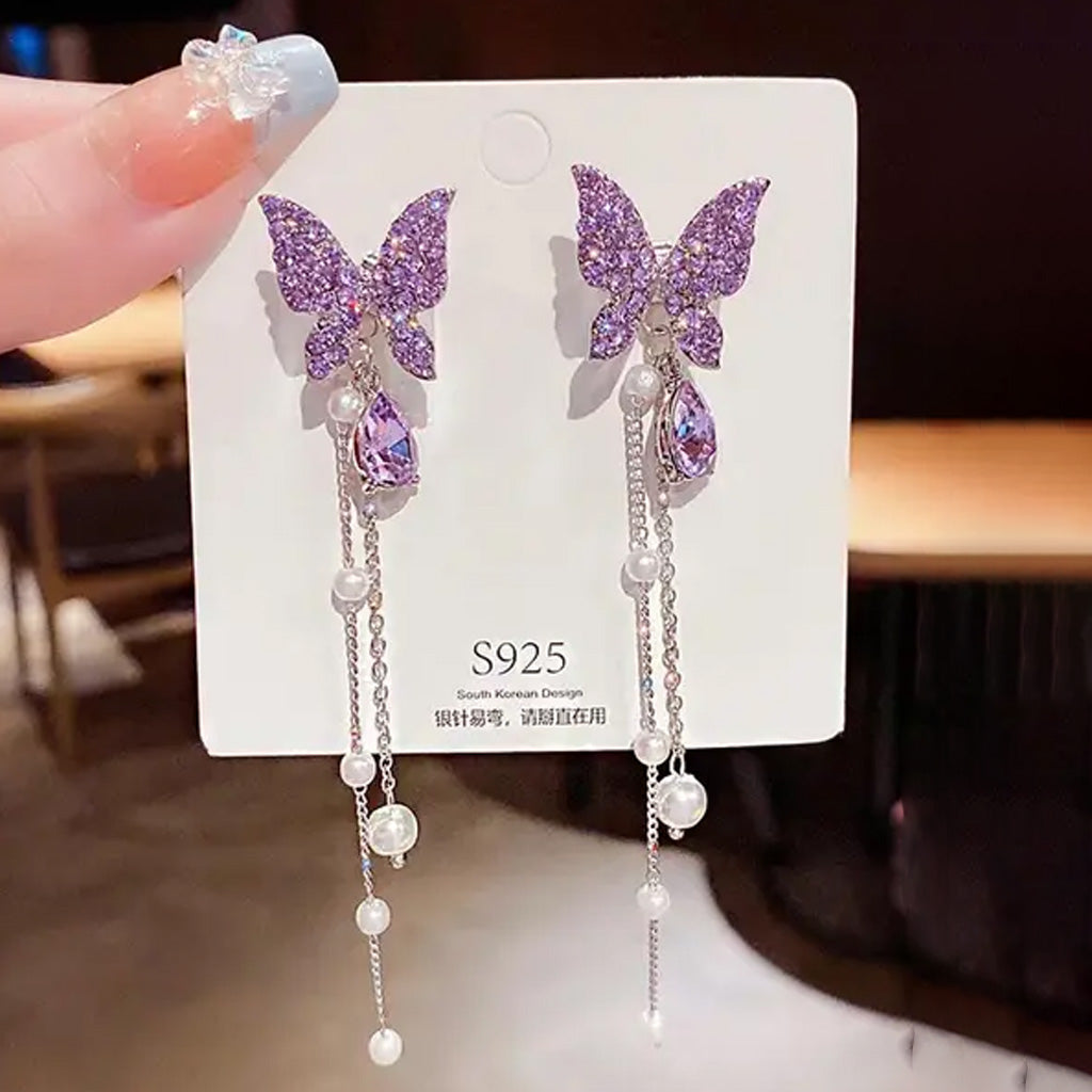 Purple Butterfly Long Tassel Earrings