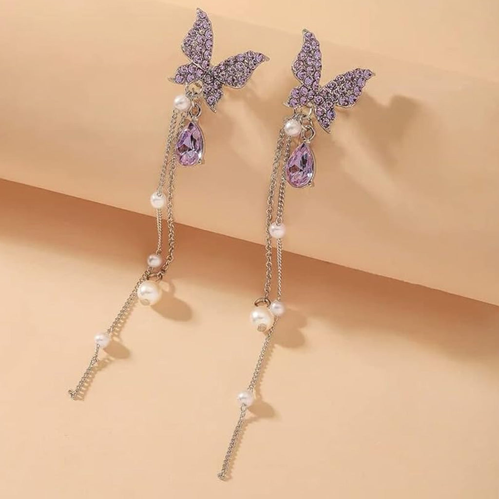 Purple Butterfly Long Tassel Earrings