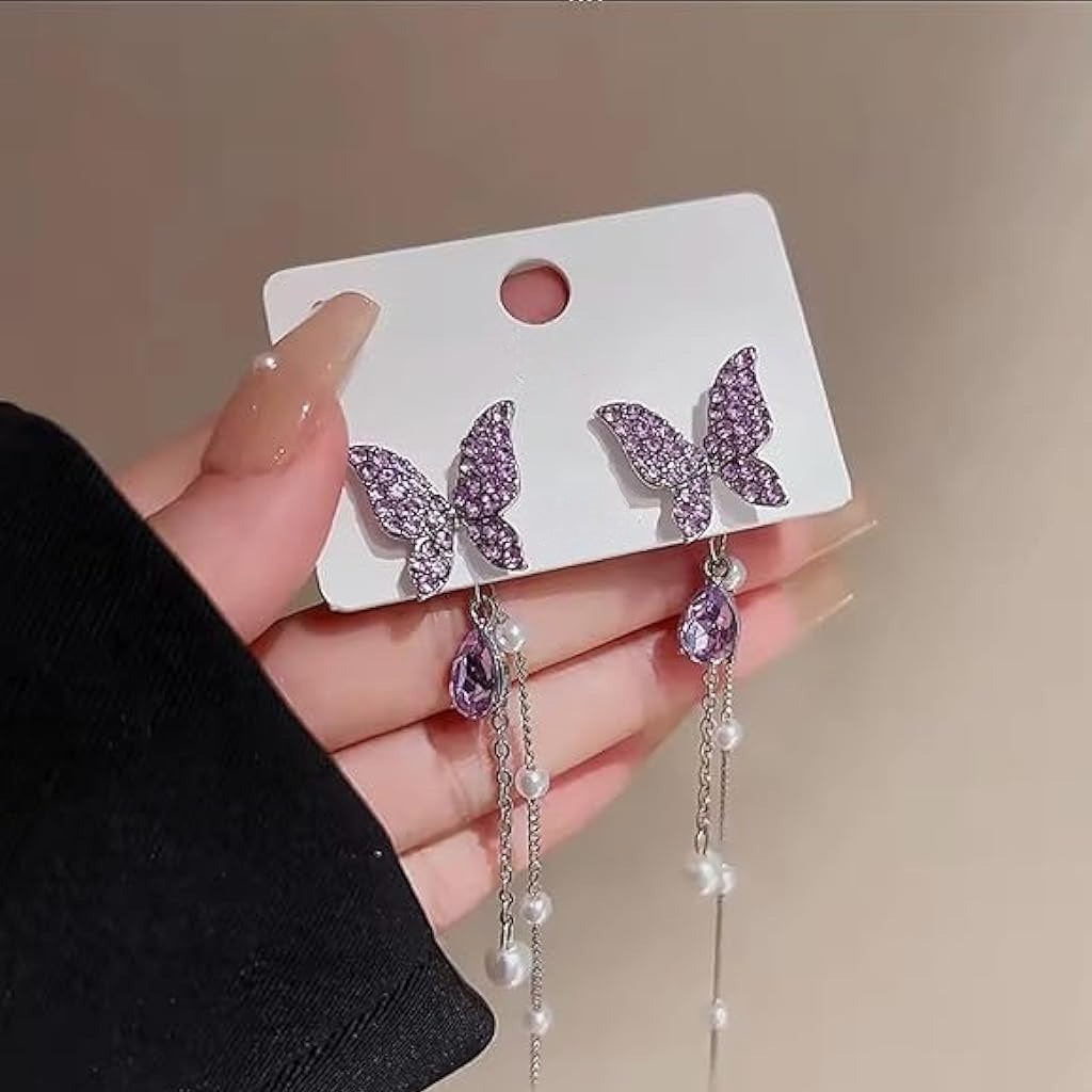 Purple Butterfly Long Tassel Earrings