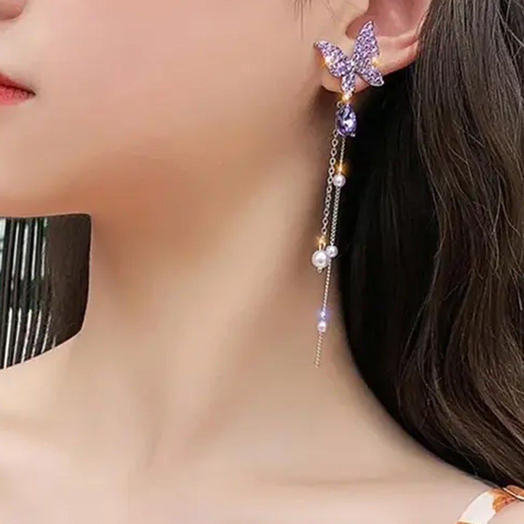 Purple Butterfly Long Tassel Earrings