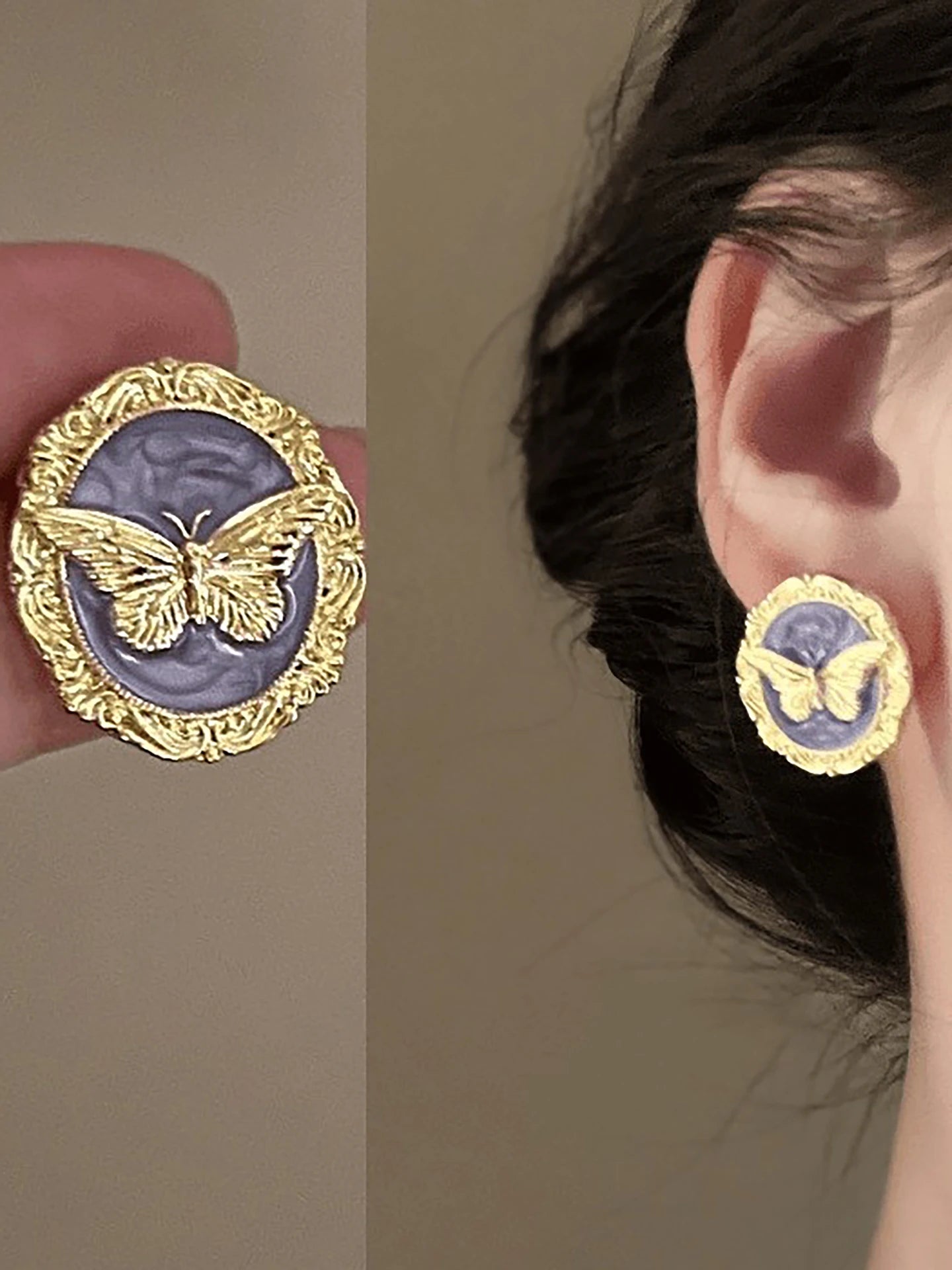 Vintage Retro Gold Butterfly Enamel Stud Earrings